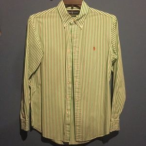 Men’s medium green and white striped button down